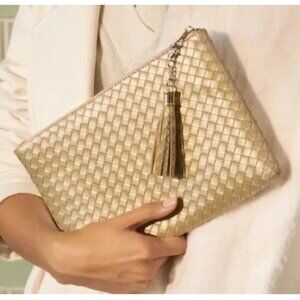 Virginia Wolf Clutch Purse Mimi Woven Pouch Zip Gold Vegan Metallic Leather  NWT